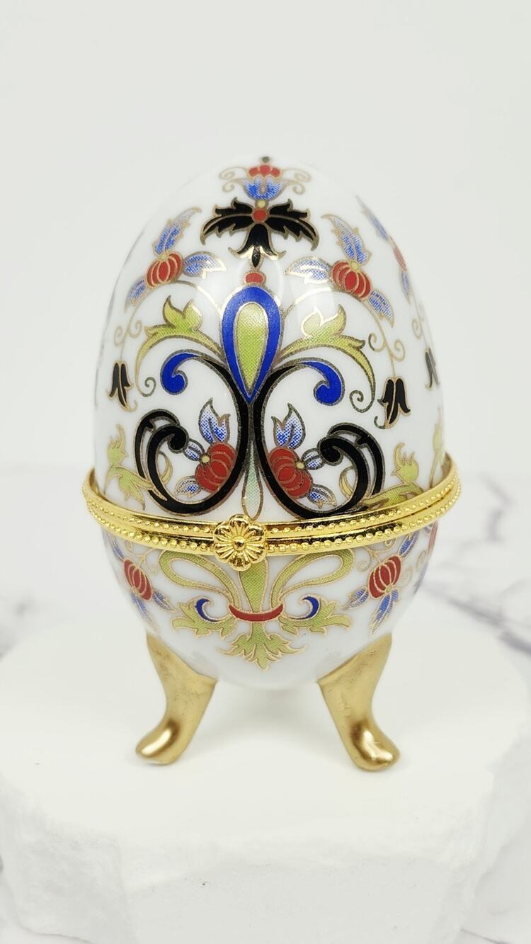 Vintage Porcelain Egg Hinged Trinket Box Footed Ornate Imperial Fleur de Lis